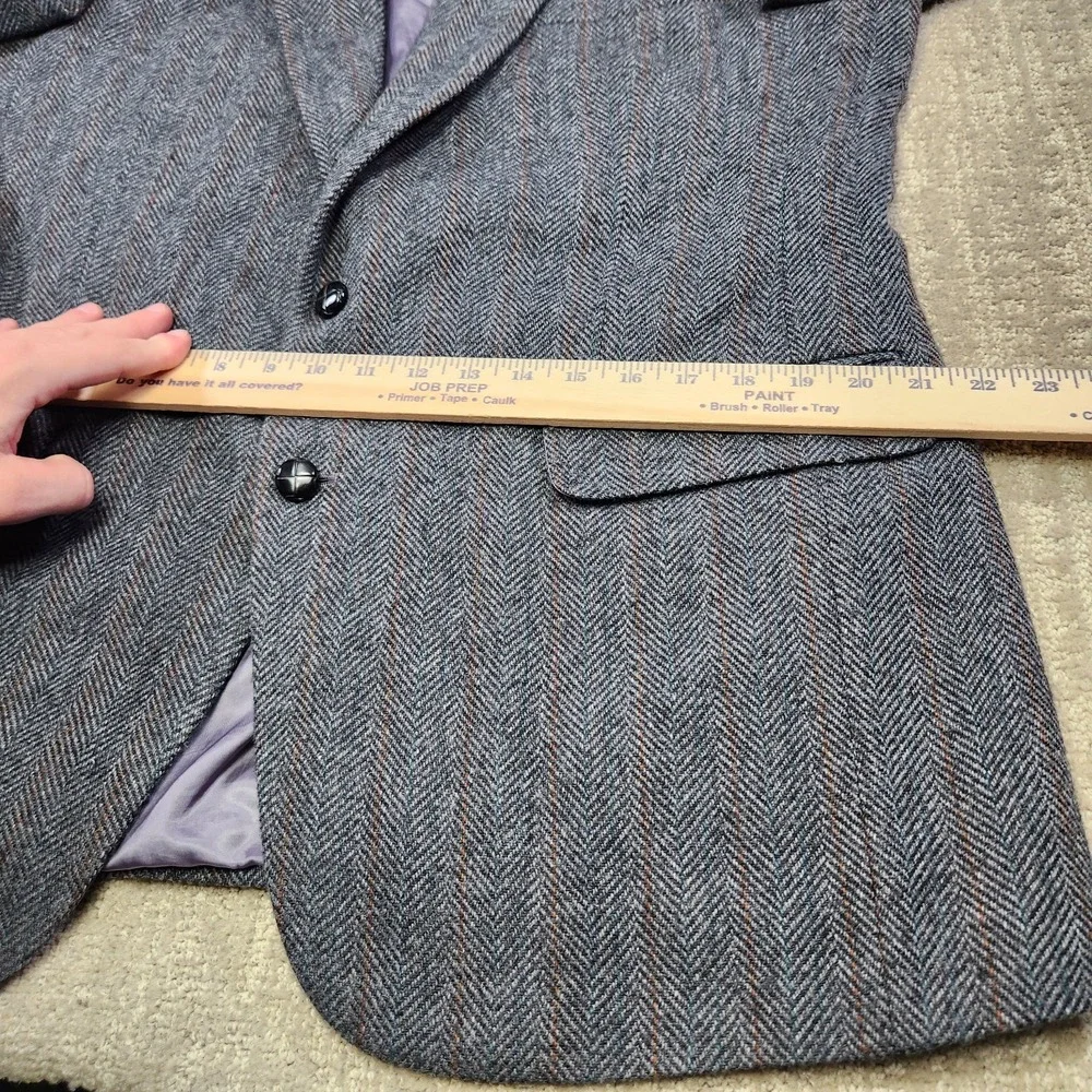 Vintage Herringbone Tweed Blazer Men 44L Leather Button Gray Wool‎ Sport Coat